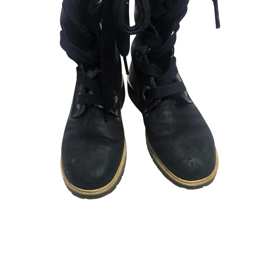 Timberland Tall Lace Up Boots Women 8.5 Black Good Faux Fur Trim Lug Sole‎